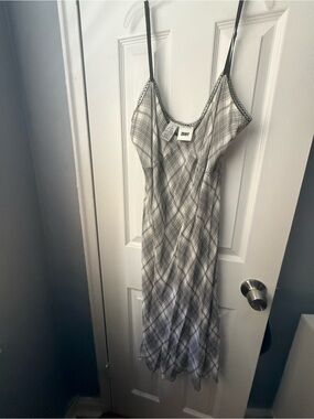 DKNY Black and White Plaid Slip with Lace Trim